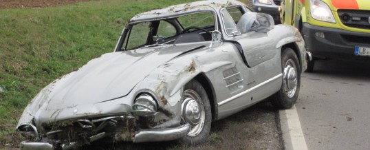Rare Mercedes Gullwing totaled in Germany by Test Driving Technicians